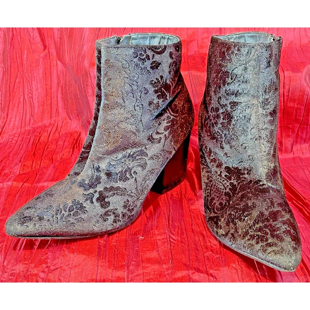 Womens First Love Black Velvet Chunky 3" Heel Sidezip Ankle Boots sz 7.5